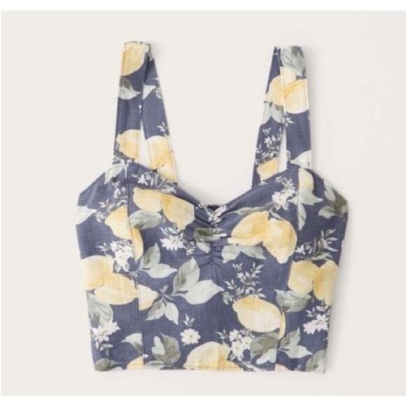 Abercrombie & Fitch Lemon Print Copped Top Women’s Medium Linen Blend Blue Chic - Picture 2 of 8